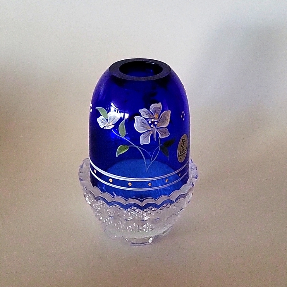 Fenton Royal Blue Hand Painted Signed Glass Santa Fairy Tea Light Lamp (2) Piece